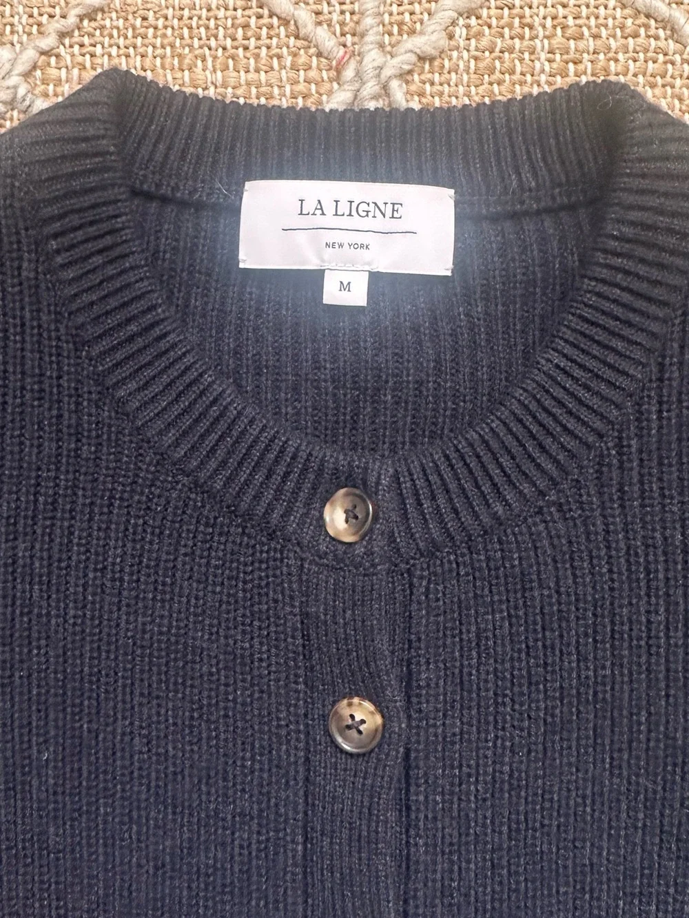 La Ligne Ribbed Flare Cardigan Sweater Peplum Navy Blue Medium - Picture 2 of 9